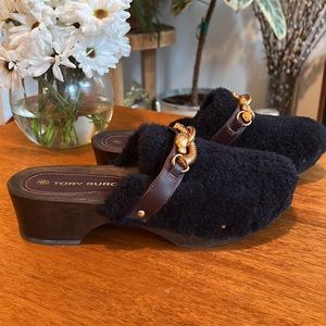 Tory Burch Shearling Jess’s Clog Horsebit Hardware Black
